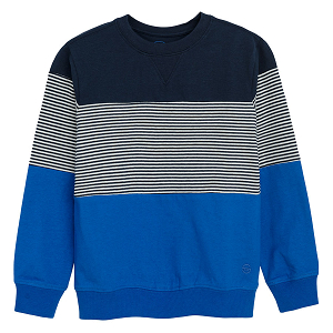 Light blue, white and dark blue striped sweatshirt