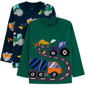 Green and blue long sleeve blouses with trucks print- 2 pack