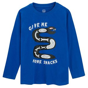 Blue long sleeve blouse with GIVE ME MORE SNACKS print