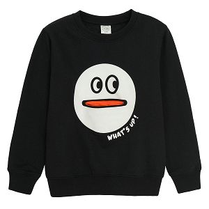 Black sweatshirt with white What's up Smiley print