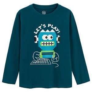 Green long sleeve blouse with robot and LET'S PLAY print