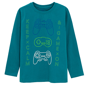 Green long sleeve blouse with gaming print