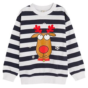 Blue and white stripes sweatshirt with raindeer print