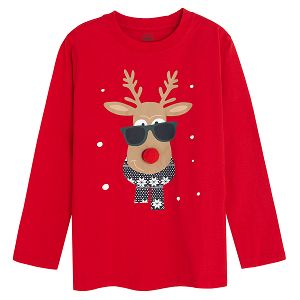 Red long sleeve blouse with raindeer and sunglasses print