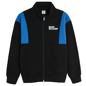 Black zip through sweatshirt with blue details and Moon Walker print