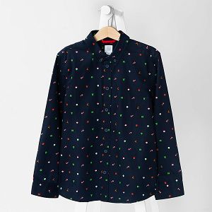 Blue button down long sleeve shirt with Christmas print