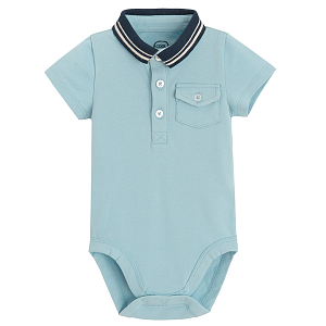 Light blue short sleeve polo type bodysuit and pocket on the chest