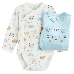 White and blue wrap long sleeve bodysuits with animals print