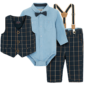 Blue checked pants with suspenders and vest, light blue button down long sleeve bodysuit with bow tie