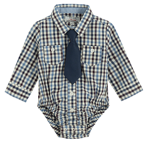 Blue checked long sleeve bodysuit with a blue tie