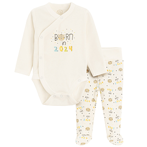 Born in 2024 white long sleeve wrap bodysuit and footed leggings with animals print