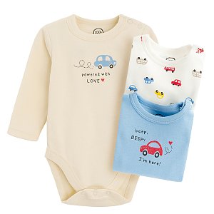 White, beige and light blue long sleeve bodysuits with car prints - 3 pack