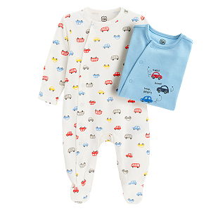 White and blue footed overalls with side zipper and cars print