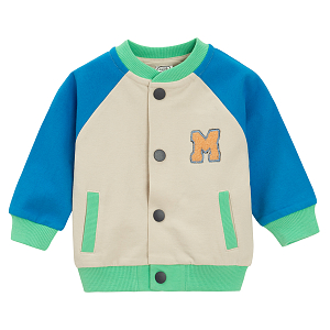 Ecru sweatshirt with buttons and blue sleeves with M print