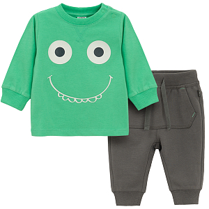 Green sweatshirt with funny face and sweatpants with cord set- 2 pieces