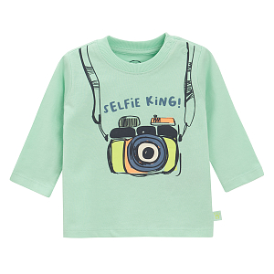 Light blue long sleeve blouse with camera and SELFIE KING print