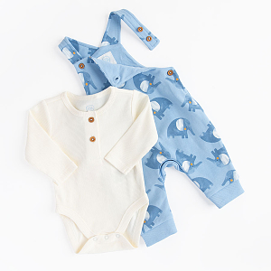 Blue footless overall with elephant print and white long sleeve bodysuit set- 2 pieces