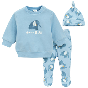 Blue sweatershirt and sweatpants with elepants print and matching cap set- 3 pieces