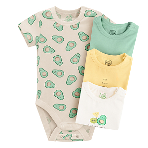 White, beige, green, yellow short sleeve bodysuits with avocado prints- 4 pack