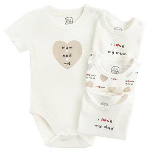 White short sleeve bodysuits with love mom and dad prints- 4 pack