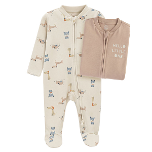 Ecru with animals print and brown footed overalls with side zipper- 2 pack