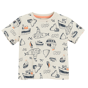 Ecru T-shirt with ships print
