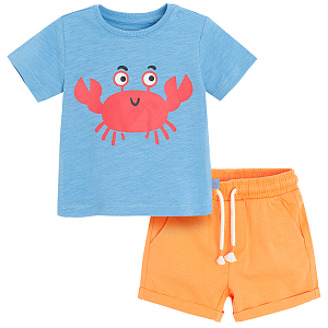 Blue T-shirt with red crab print and beige shorts set- 2 pieces