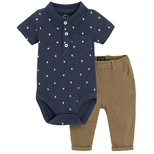 Blue short sleeve Polo bodysuit with brown pants set- 2 pieces