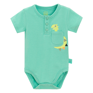 Green short sleeve bodysuit with buttons, chest pocket and dinosaur print
