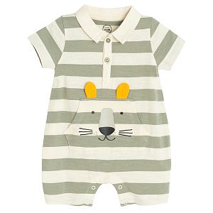 White and olive stripes short sleeve romper with dog print