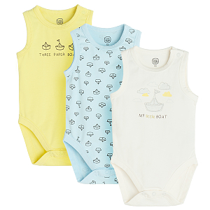 White, lime and light blue sleeveless bodysuits with boats print- 3 pack