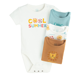 Beige, light blue, brown short sleeve bodysuits with summer and jugle animals print- 4 pack