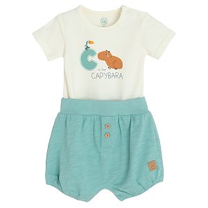 Off white short sleeve bodysuit with C for CAPYBARA print and blue shorts