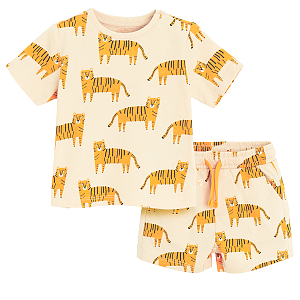 Beige set, T-shirt and shorts with tigers print- 2 pieces