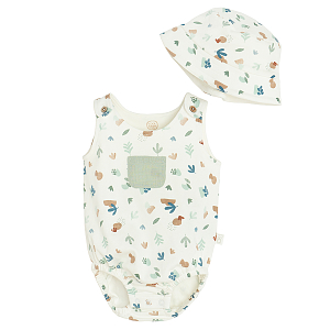 Sleeveless bodysuit and matching hat with leaves print- 2 pieces