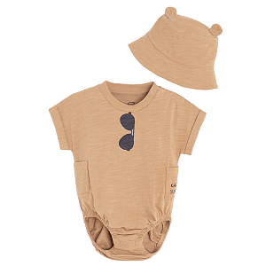 Short sleeve bodysuit with side pockets and sunglasses print and matching hat with bear ears- 2 pieces