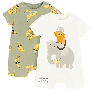 White romper with jungle animals print and khaki romper with bananas print- 2 pack
