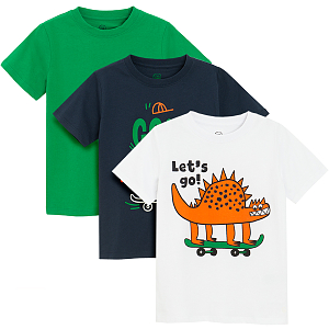 Green, blue COOL Dude on skateboard and white with dinosaur print T-shirts- 3 pack