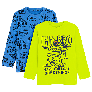 Blue and yellow fluo long sleeve blouses with dinosaurs print - 2 pack