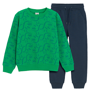 Jogging set, green sweatshirt with dinosaurs print and blue pants with a cord
