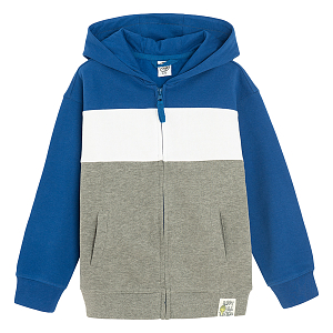 Blue, grey, white hooded zip through sweatshirt