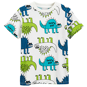 White short sleeve T-shirt with green and blue dinosaurs print