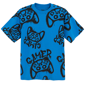 Blue short sleeve T-shirt with gamer print