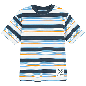 Blue, white, brown stripes print T-shirt