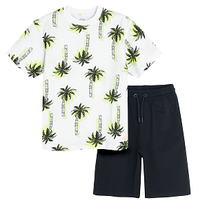 White T-shirt with palm trees and black shorts