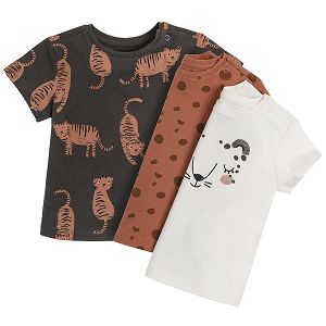 Brown and white with tiger print and brown polka dot short sleeve blouses 3-pack