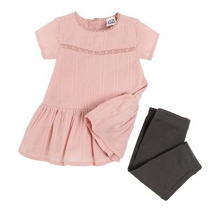 Pink dress with lace and brown leggings clothing set