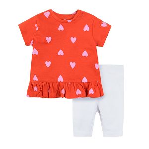 Short sleeve blouse with hearts and white leggings clothing set