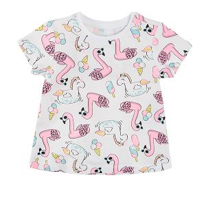 White short sleeve blouse with flaming and unicorn floaties