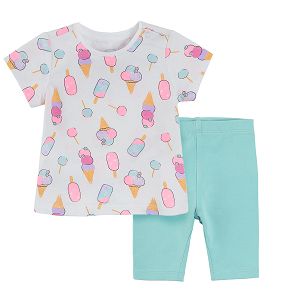 Short sleeve blouse with ice cream print and leggings clothing set